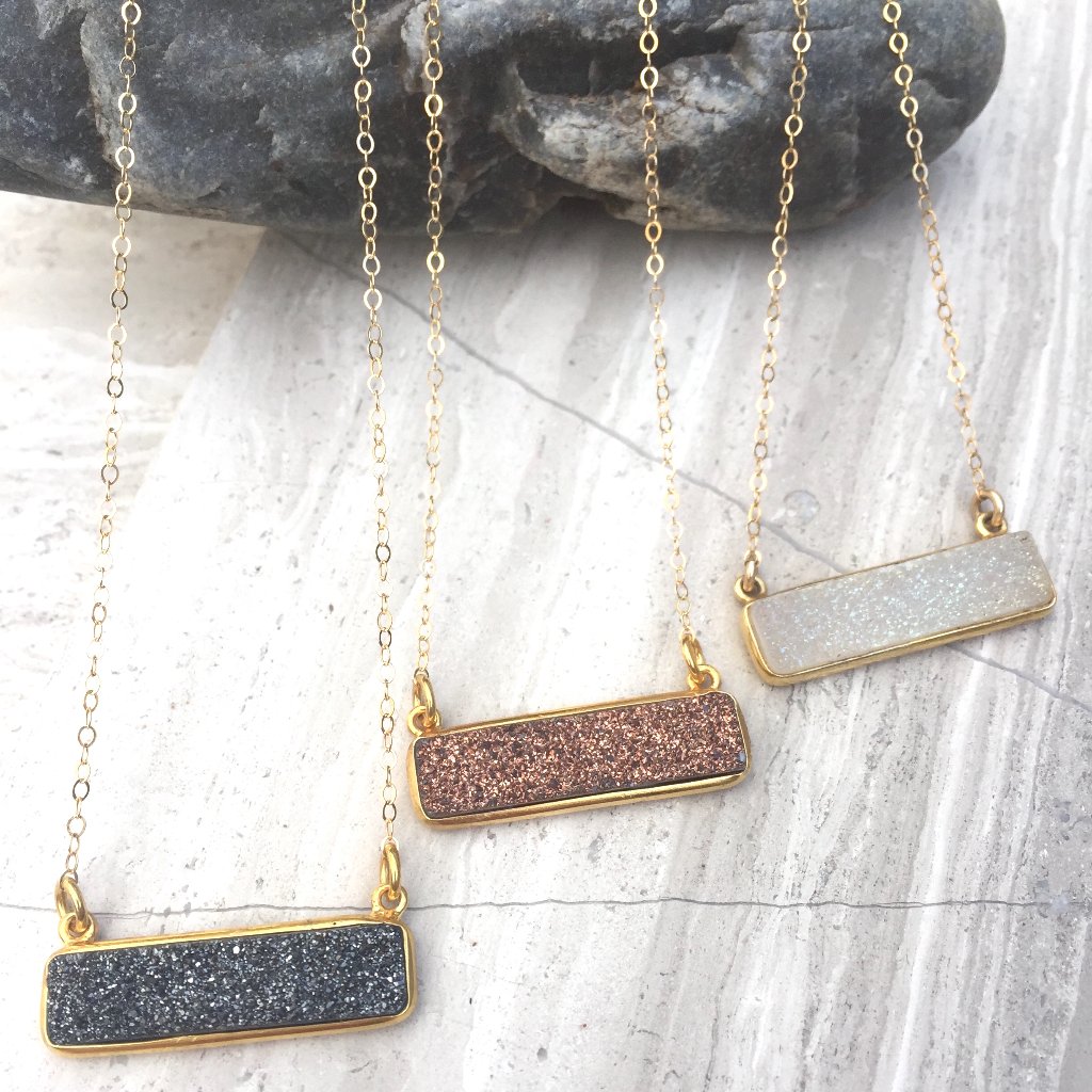 Druzy Bar Pendant 14k Sterling Silver Necklace 45$